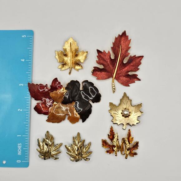 Vintage Brooch Costume Jewelry Bundle Clip On Earrings Fall Autumn Leaves - Picture 12 of 12